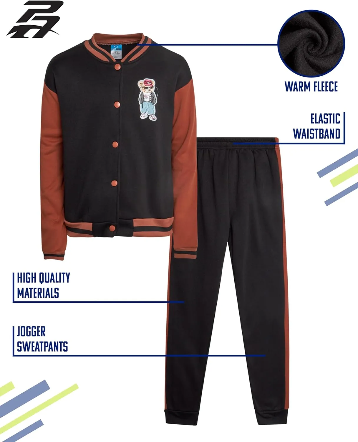 Pro Athlete Boys' Sweatsuit - 2 Piece Fleece Varsity Jacket and Jogger Sweatpants Set - Activewear Set for Boys (8-16)