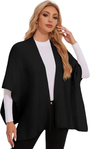 PULI Womens Knitted Warm Shawl Wraps Open Front Capes Ribbed Shawls Wool Cardigan for Fall Winter