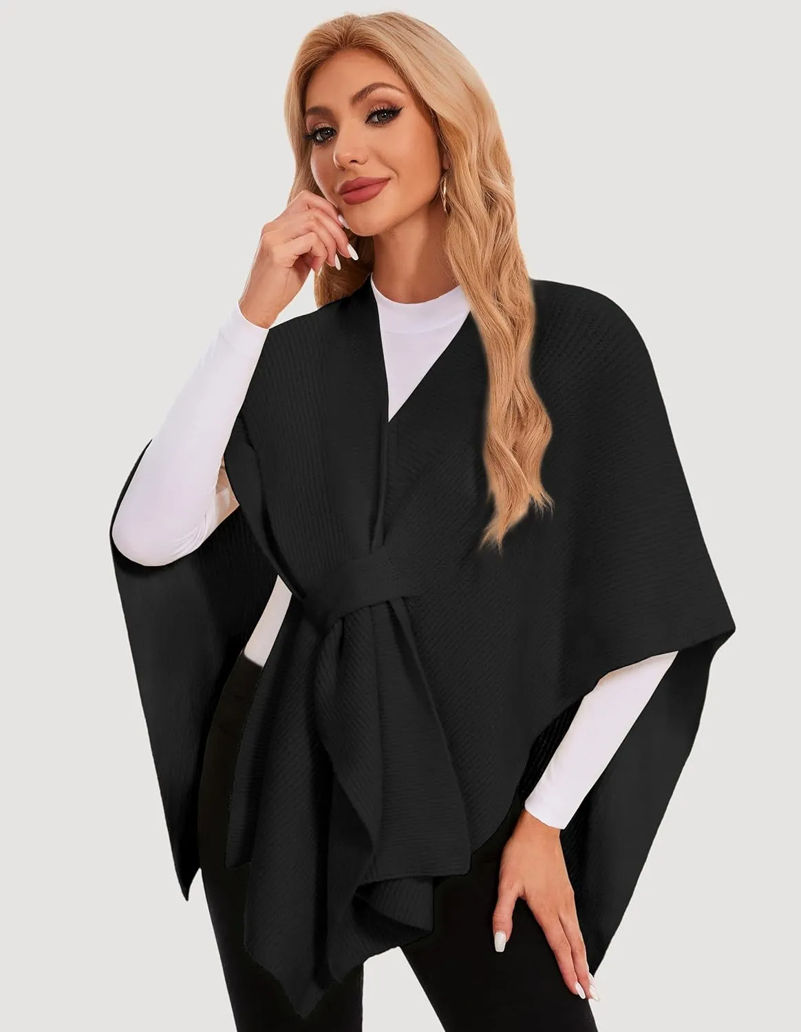 PULI Womens Rib Open Front Shawl Wraps Chunky Knit Ponchos Sweater Travel Scarf Elegant Capes Cardigan for Fall Winter
