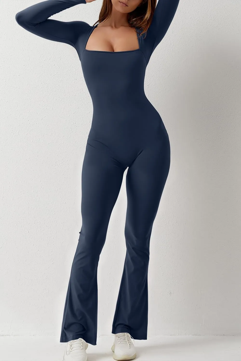 QINSEN Jumpsuits for Women Square Neck Wide Leg Full Length Romper Playsuit