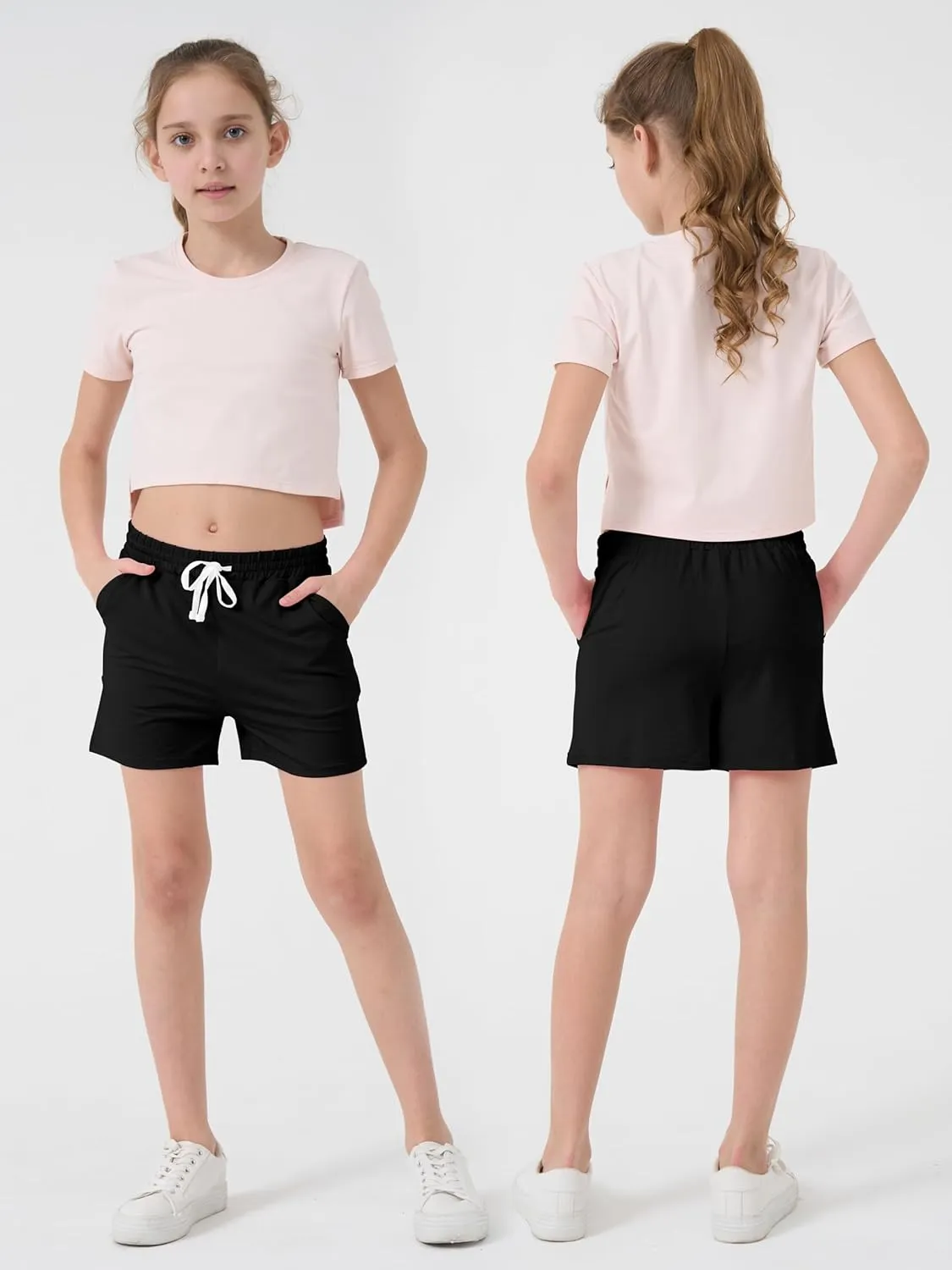 QWE 5 Pack Girls Athletic Shorts-Soccer Basketball Shorts for Teens, Youth Quick-Dry Activewear with Drawstring Pockets