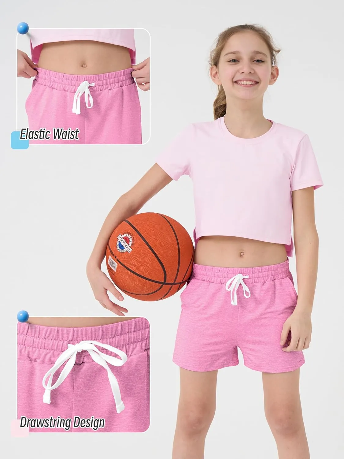QWE 5 Pack Girls Athletic Shorts-Soccer Basketball Shorts for Teens, Youth Quick-Dry Activewear with Drawstring Pockets