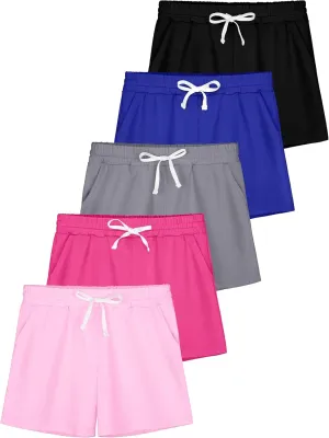 QWE 5 Pack Girls Athletic Shorts-Soccer Basketball Shorts for Teens, Youth Quick-Dry Activewear with Drawstring Pockets