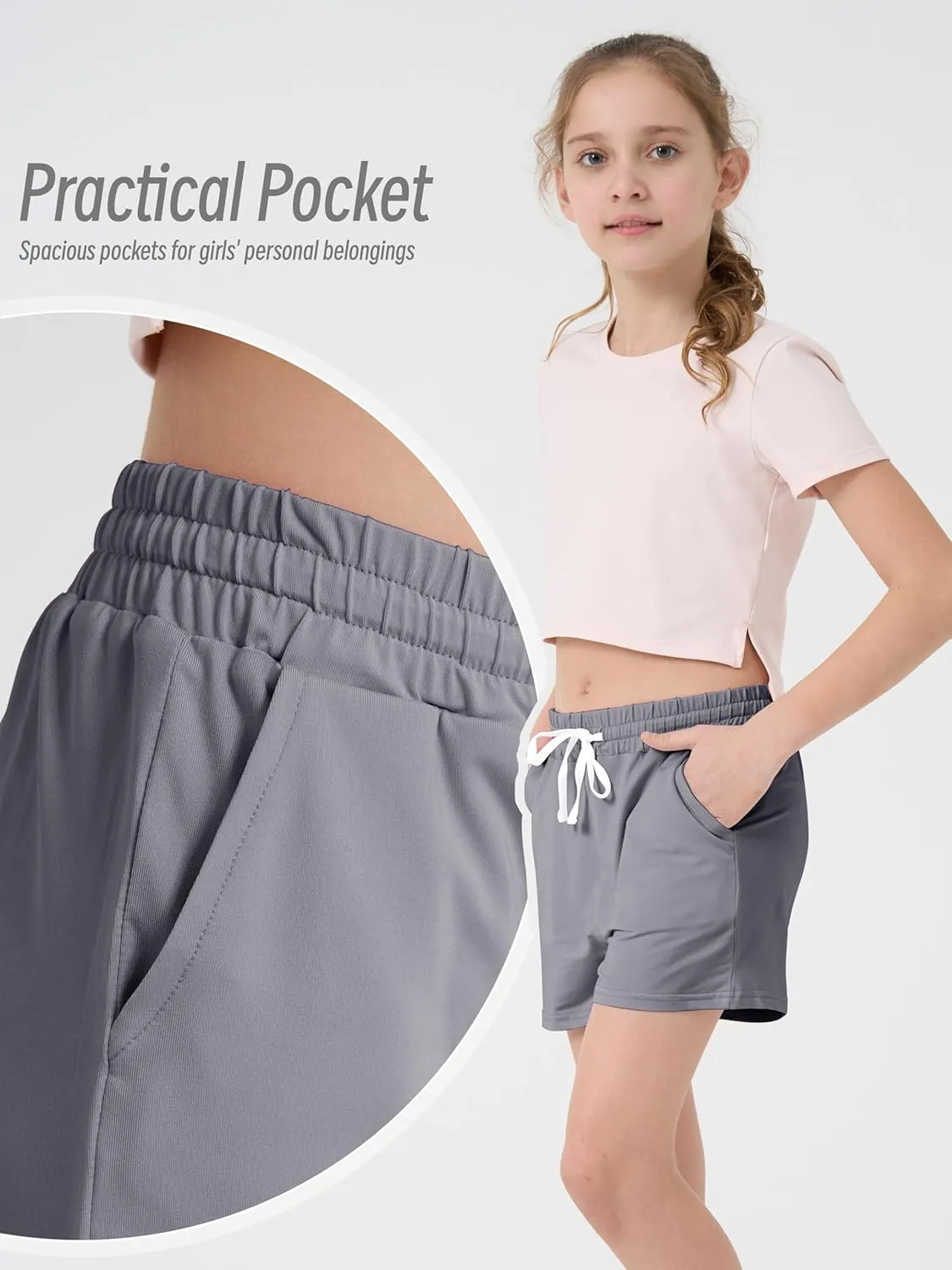 QWE 5 Pack Girls Athletic Shorts-Soccer Basketball Shorts for Teens, Youth Quick-Dry Activewear with Drawstring Pockets