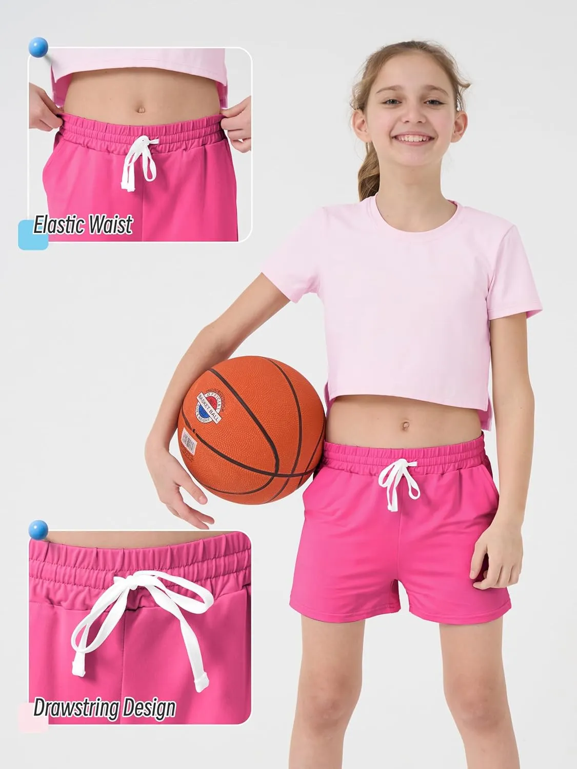QWE 5 Pack Girls Athletic Shorts-Soccer Basketball Shorts for Teens, Youth Quick-Dry Activewear with Drawstring Pockets