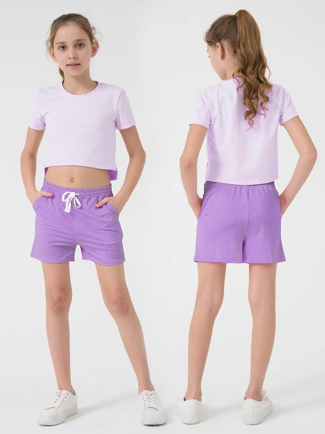 QWE 5 Pack Girls Athletic Shorts-Soccer Basketball Shorts for Teens, Youth Quick-Dry Activewear with Drawstring Pockets