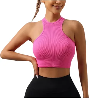 Racerback Crop Tank Top for Women Round Neck Knit Halter Shirt Workout Sport Yoga Wear Summer Solid Color Blouse