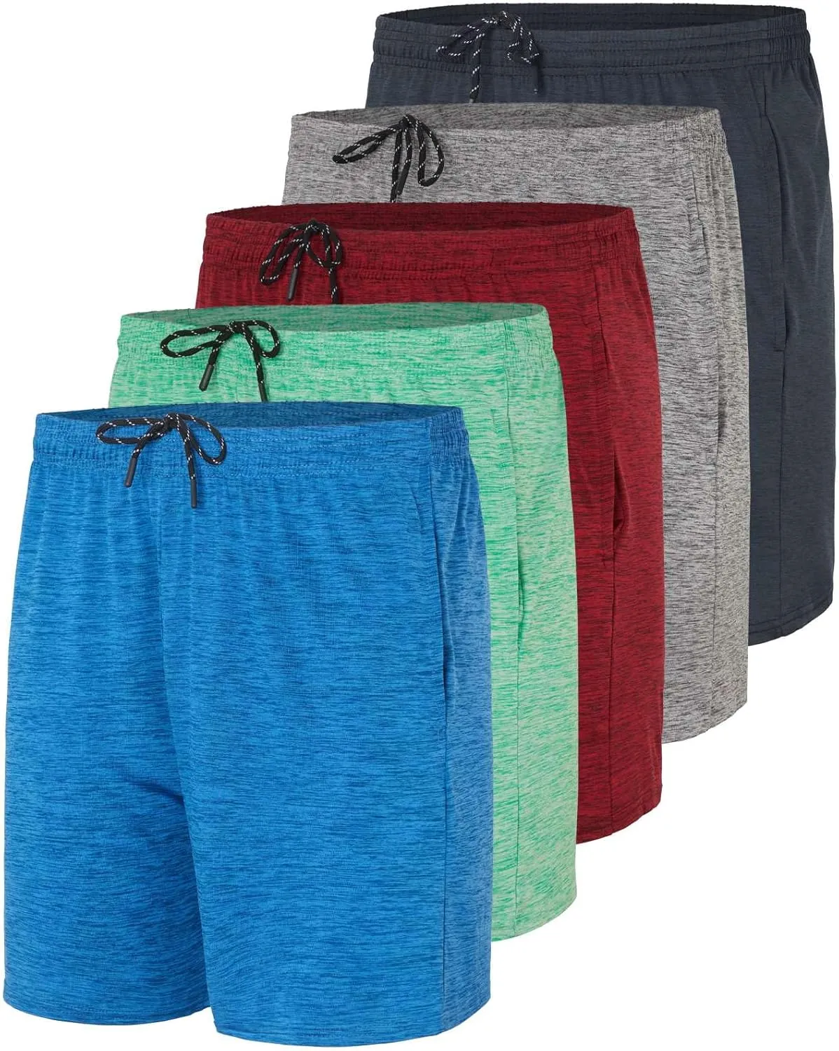Real Essentials 5 Pack: Men's 5" Inseam Dry-Fit Running Workout Shorts - Pockets & Drawstring (Available in Big & Tall)