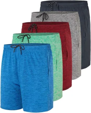 Real Essentials 5 Pack: Men's 5" Inseam Dry-Fit Running Workout Shorts - Pockets & Drawstring (Available in Big & Tall)