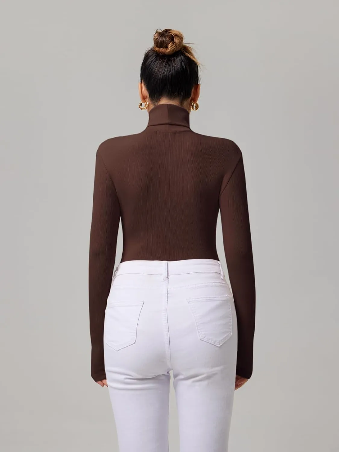 REORIA Women's Basic Long Sleeve Ribbed Turtleneck Leotard Stretchy Bodysuit Tops Jumpsuits