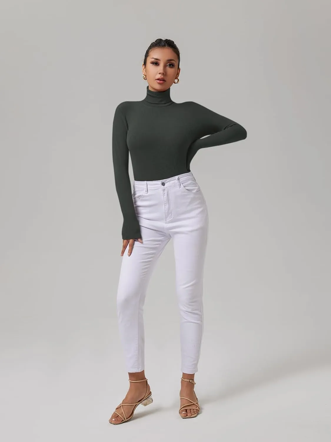 REORIA Women's Basic Long Sleeve Ribbed Turtleneck Leotard Stretchy Bodysuit Tops Jumpsuits