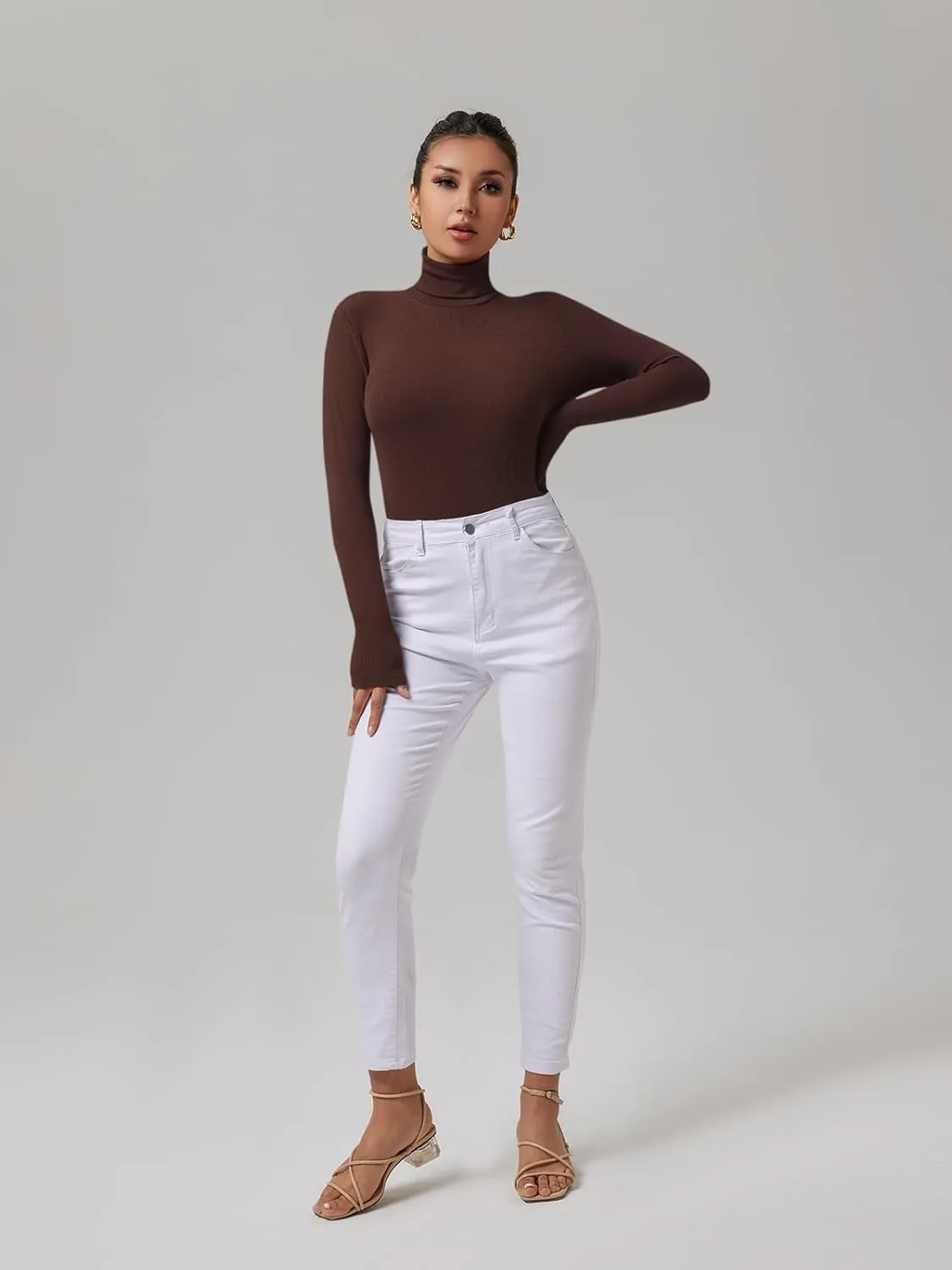 REORIA Women's Basic Long Sleeve Ribbed Turtleneck Leotard Stretchy Bodysuit Tops Jumpsuits