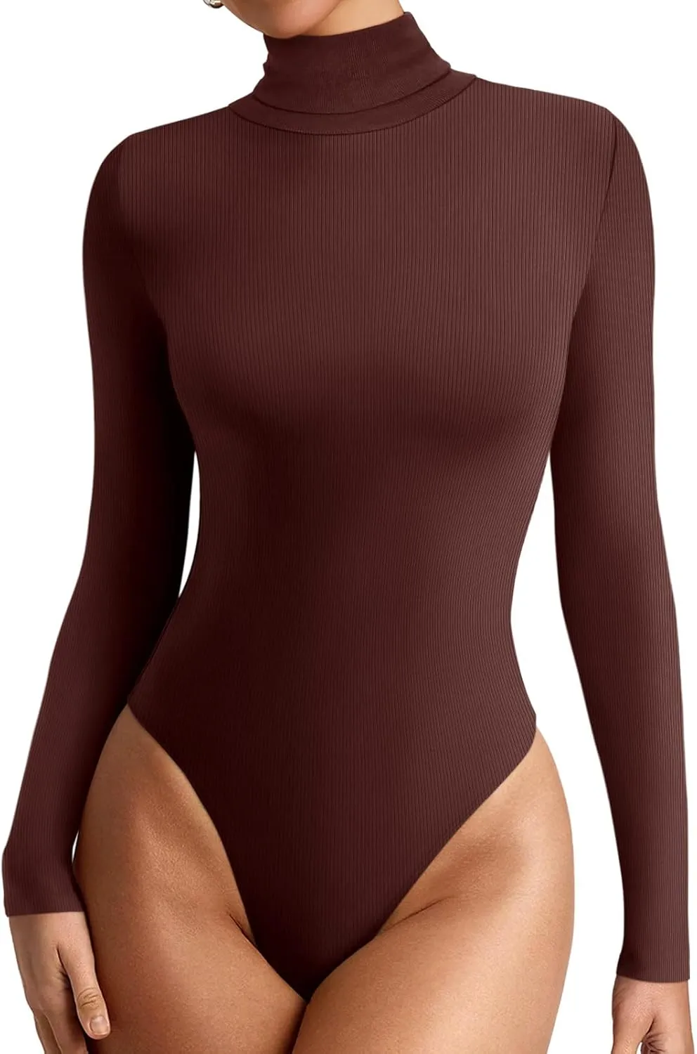REORIA Women's Basic Long Sleeve Ribbed Turtleneck Leotard Stretchy Bodysuit Tops Jumpsuits