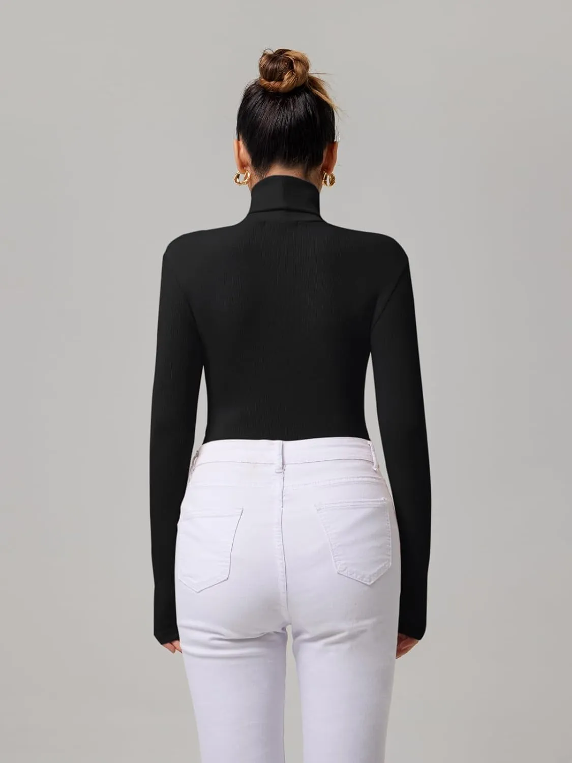 REORIA Women's Basic Long Sleeve Ribbed Turtleneck Leotard Stretchy Bodysuit Tops Jumpsuits