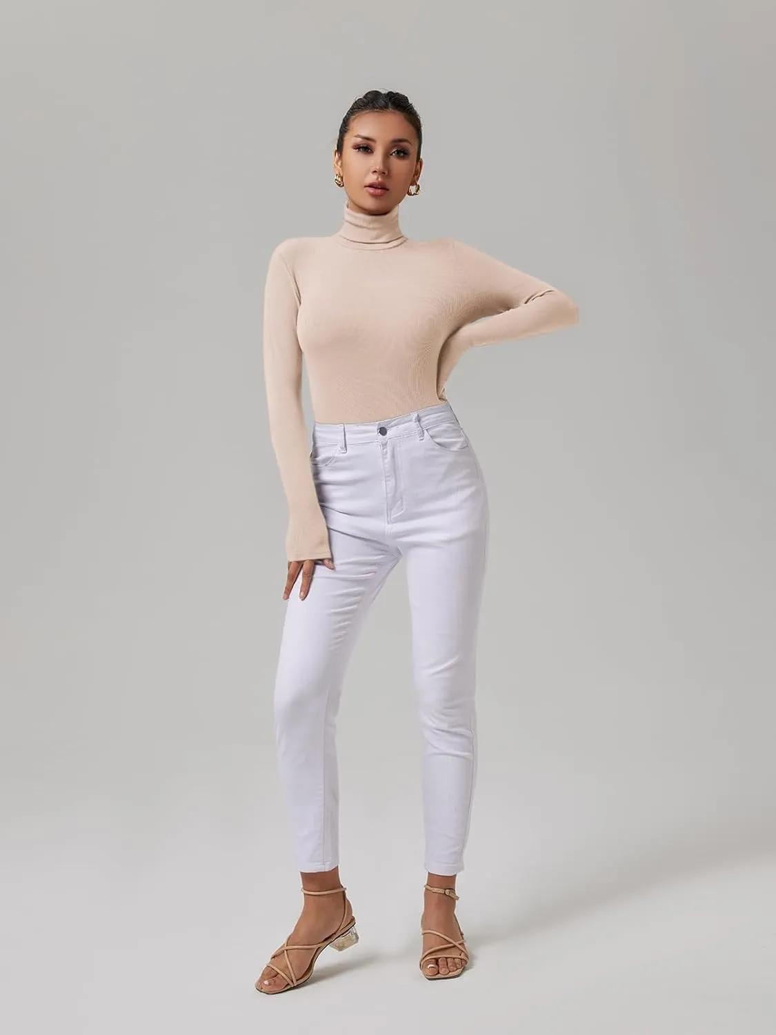 REORIA Women's Basic Long Sleeve Ribbed Turtleneck Leotard Stretchy Bodysuit Tops Jumpsuits