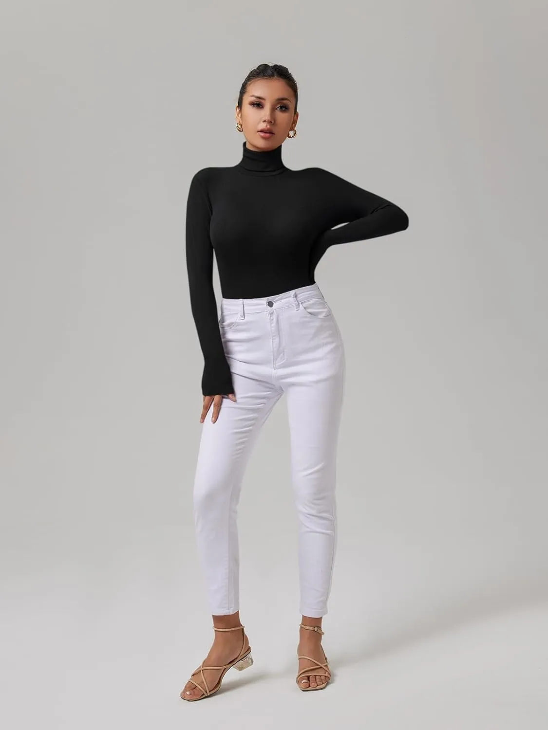 REORIA Women's Basic Long Sleeve Ribbed Turtleneck Leotard Stretchy Bodysuit Tops Jumpsuits