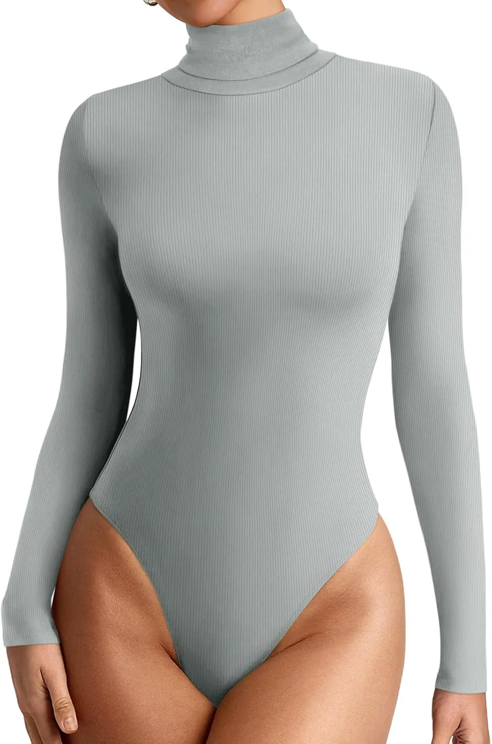 REORIA Women's Basic Long Sleeve Ribbed Turtleneck Leotard Stretchy Bodysuit Tops Jumpsuits