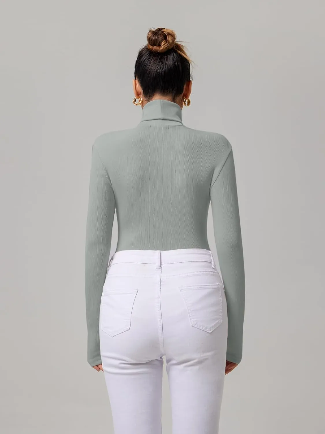 REORIA Women's Basic Long Sleeve Ribbed Turtleneck Leotard Stretchy Bodysuit Tops Jumpsuits
