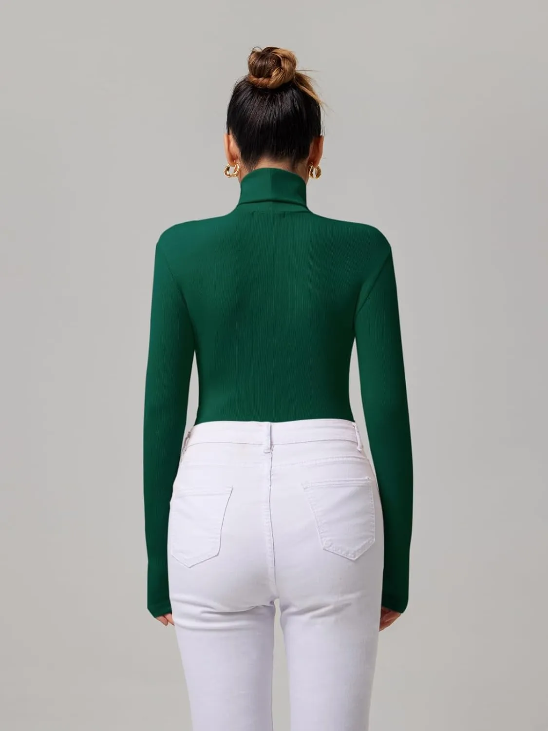 REORIA Women's Basic Long Sleeve Ribbed Turtleneck Leotard Stretchy Bodysuit Tops Jumpsuits