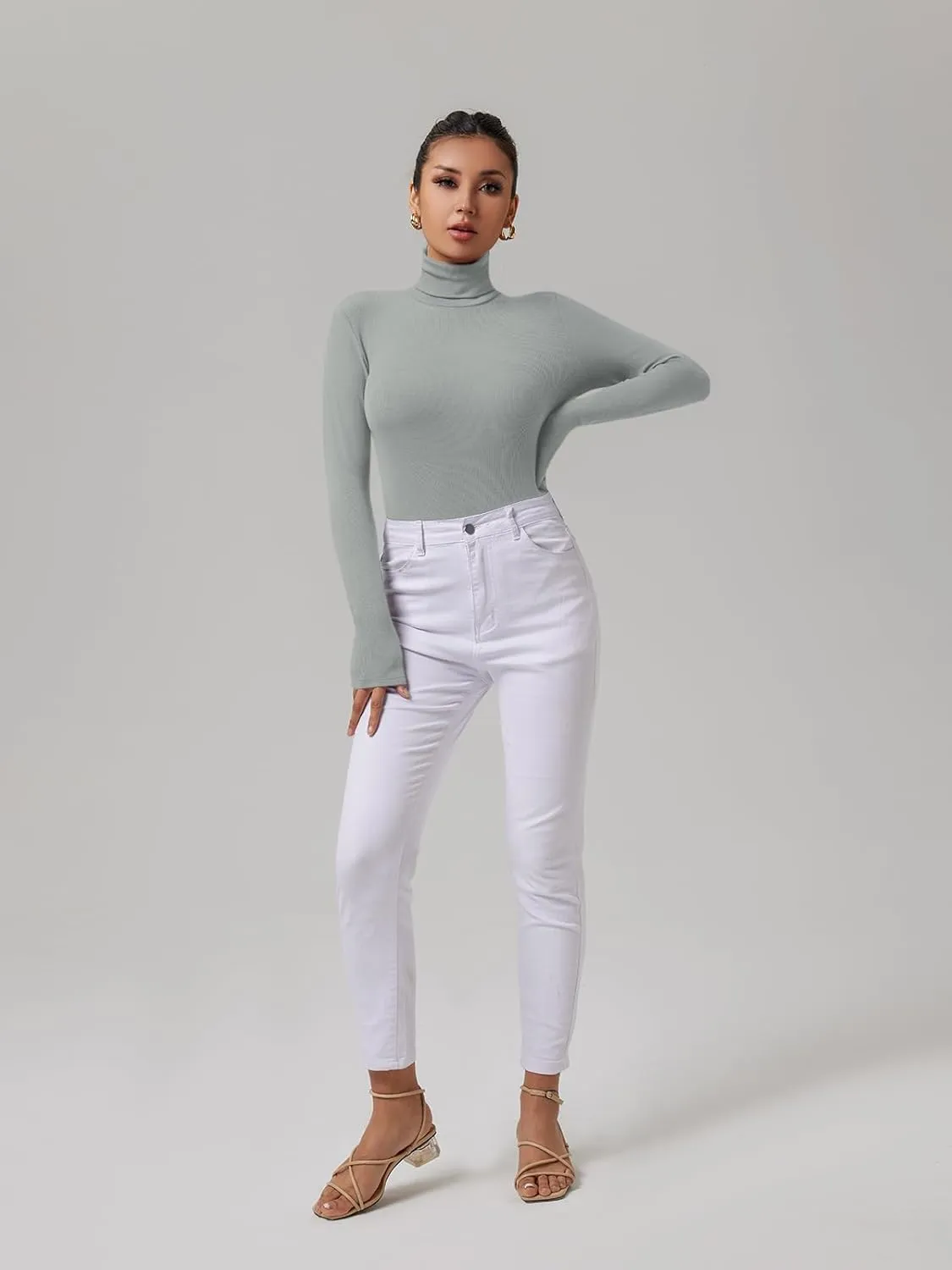 REORIA Women's Basic Long Sleeve Ribbed Turtleneck Leotard Stretchy Bodysuit Tops Jumpsuits