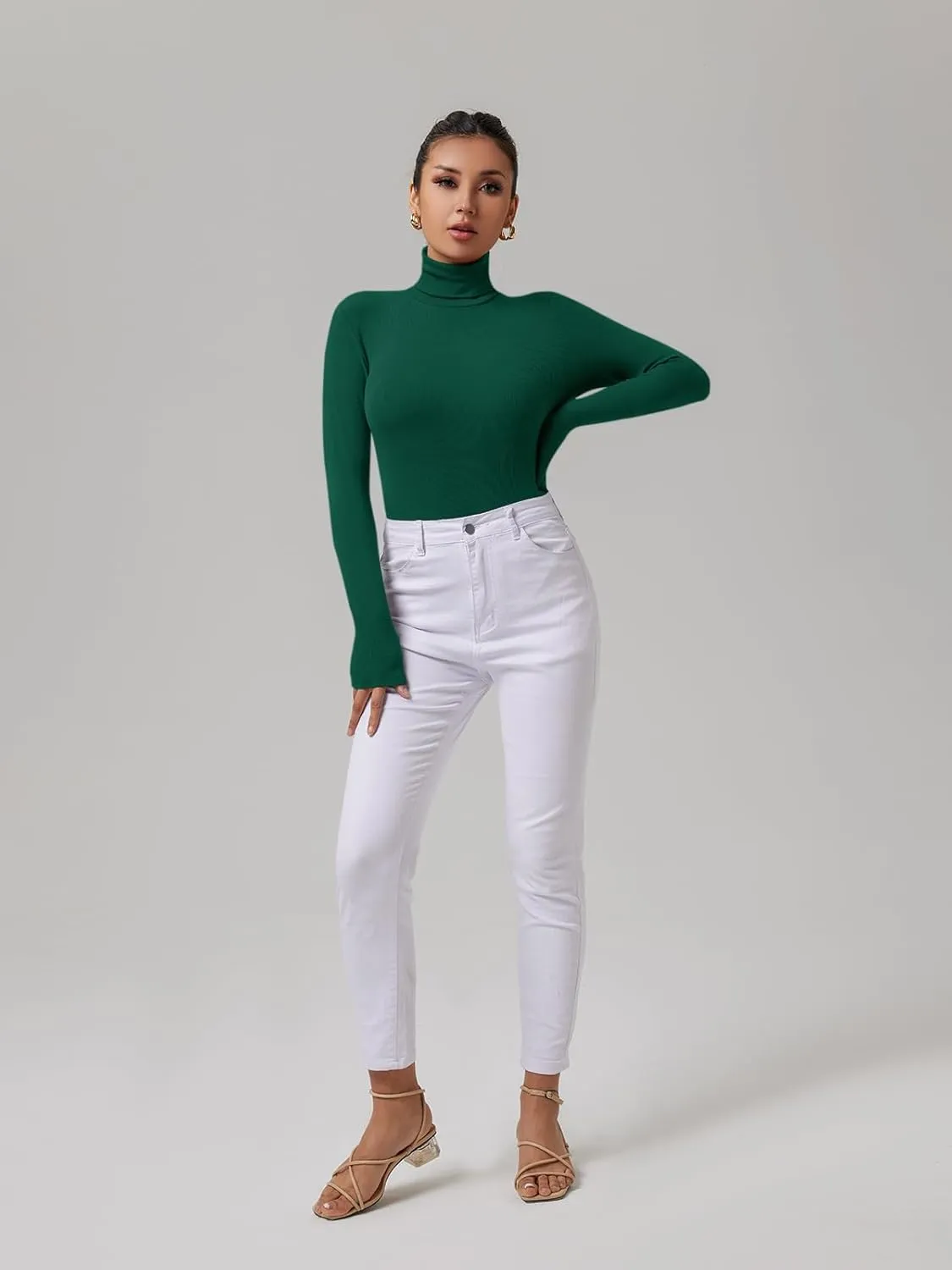 REORIA Women's Basic Long Sleeve Ribbed Turtleneck Leotard Stretchy Bodysuit Tops Jumpsuits