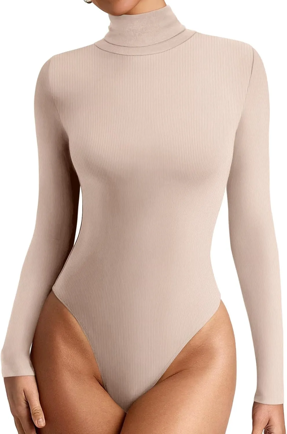 REORIA Women's Basic Long Sleeve Ribbed Turtleneck Leotard Stretchy Bodysuit Tops Jumpsuits