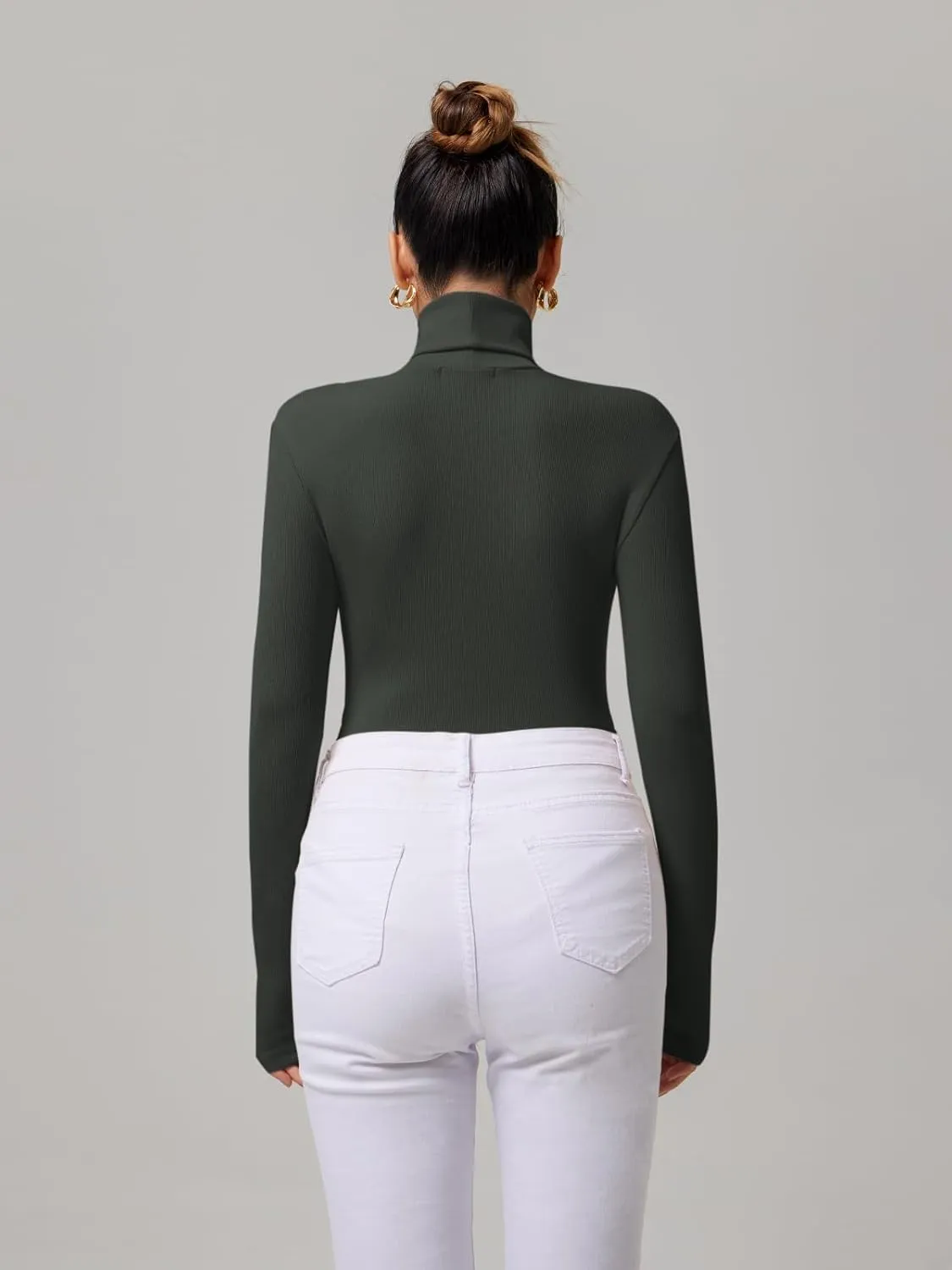 REORIA Women's Basic Long Sleeve Ribbed Turtleneck Leotard Stretchy Bodysuit Tops Jumpsuits