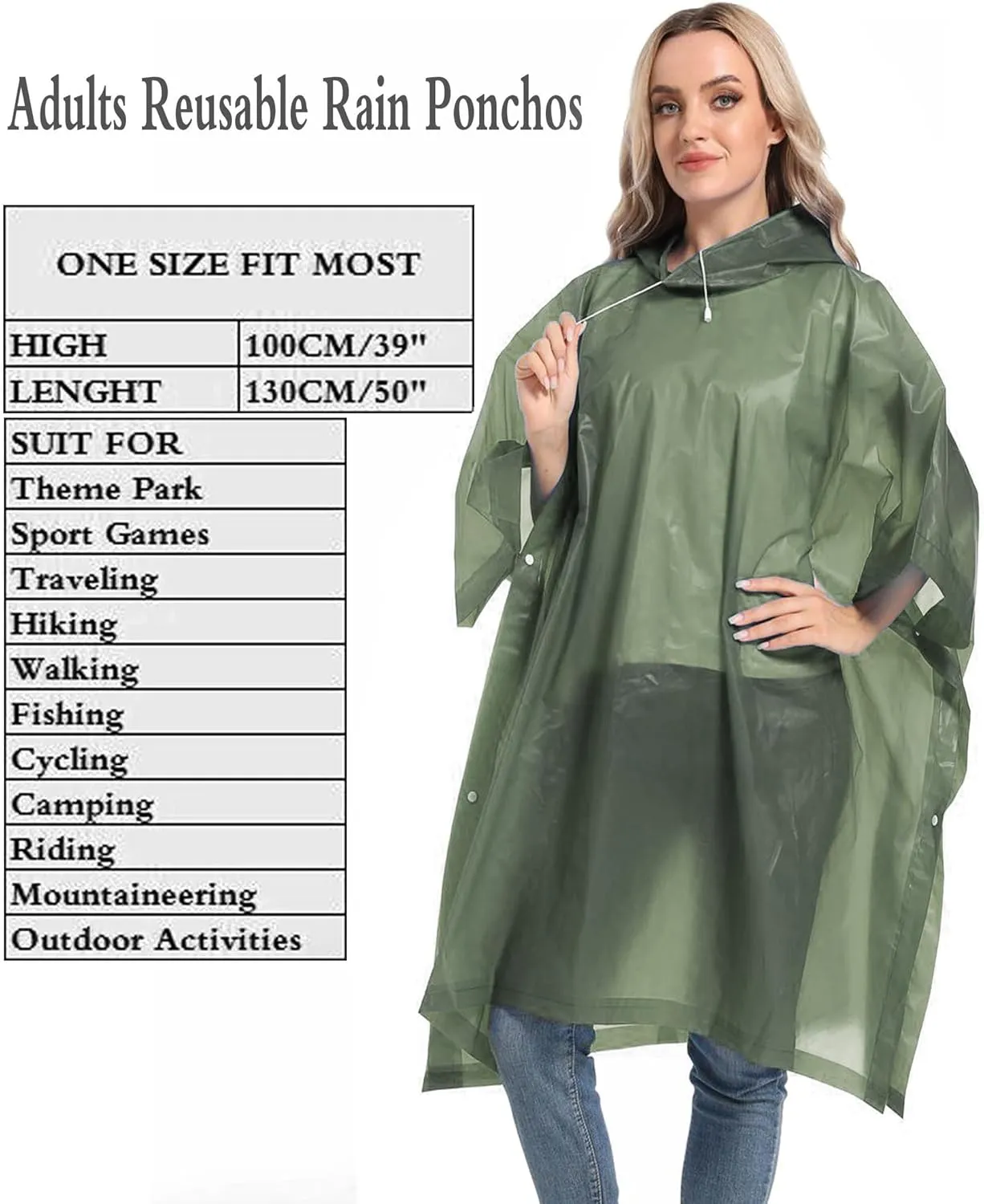 Reusable Rain Ponchos with Drawstring Hood for Adults, Waterproof Thicken Rain Coat, 2 Packs