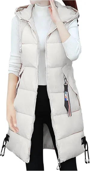 RKSTN Down Vest Sleeveless Puffer Jacket for Women Long Winter Coats Vest with Hood Warm Down Coat Outdoor Zipper Outerwear