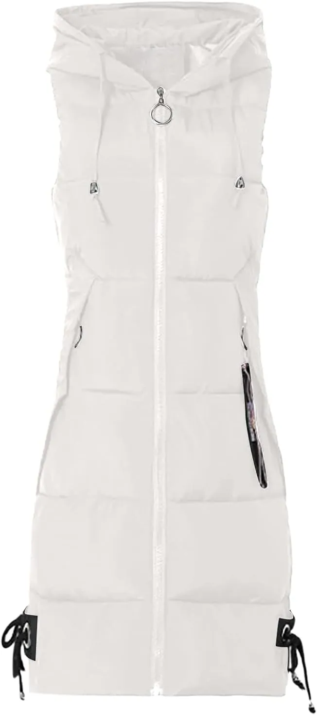 RKSTN Down Vest Sleeveless Puffer Jacket for Women Long Winter Coats Vest with Hood Warm Down Coat Outdoor Zipper Outerwear