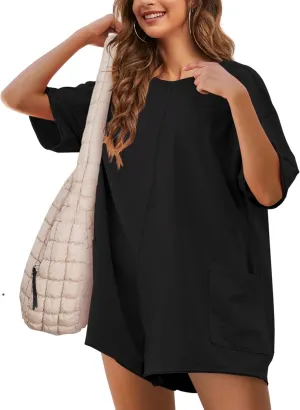 Rompers for Women Athletic Workout Hot Shot Tee Romper Casual Oversized Jumpsuits Overalls