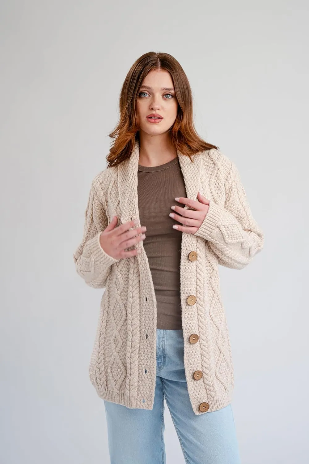 SAOL Shawl Neck Cardigan for Ladies 100% Merino Wool Buttoned V-Neck Sweater Made in Ireland