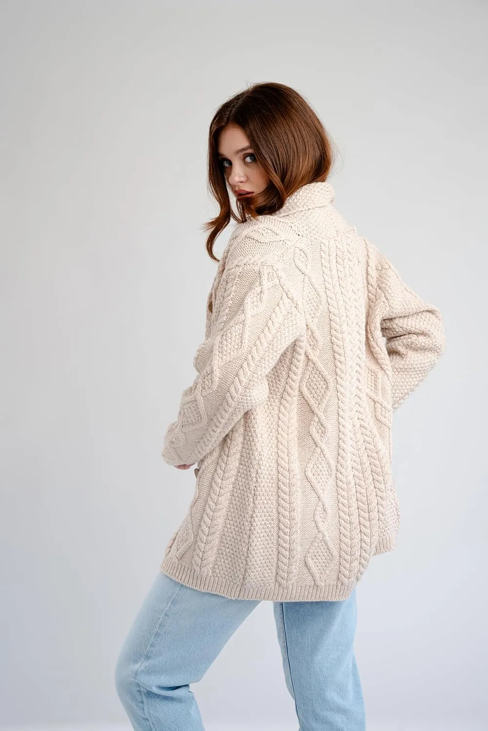 SAOL Shawl Neck Cardigan for Ladies 100% Merino Wool Buttoned V-Neck Sweater Made in Ireland