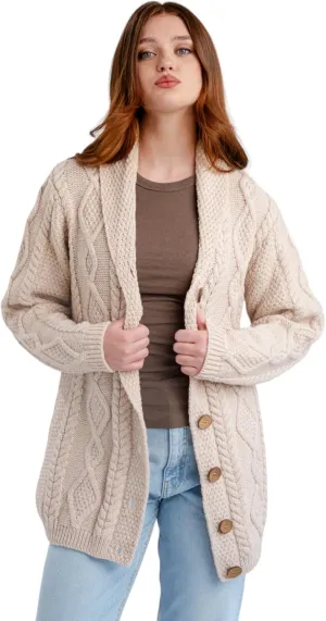 SAOL Shawl Neck Cardigan for Ladies 100% Merino Wool Buttoned V-Neck Sweater Made in Ireland