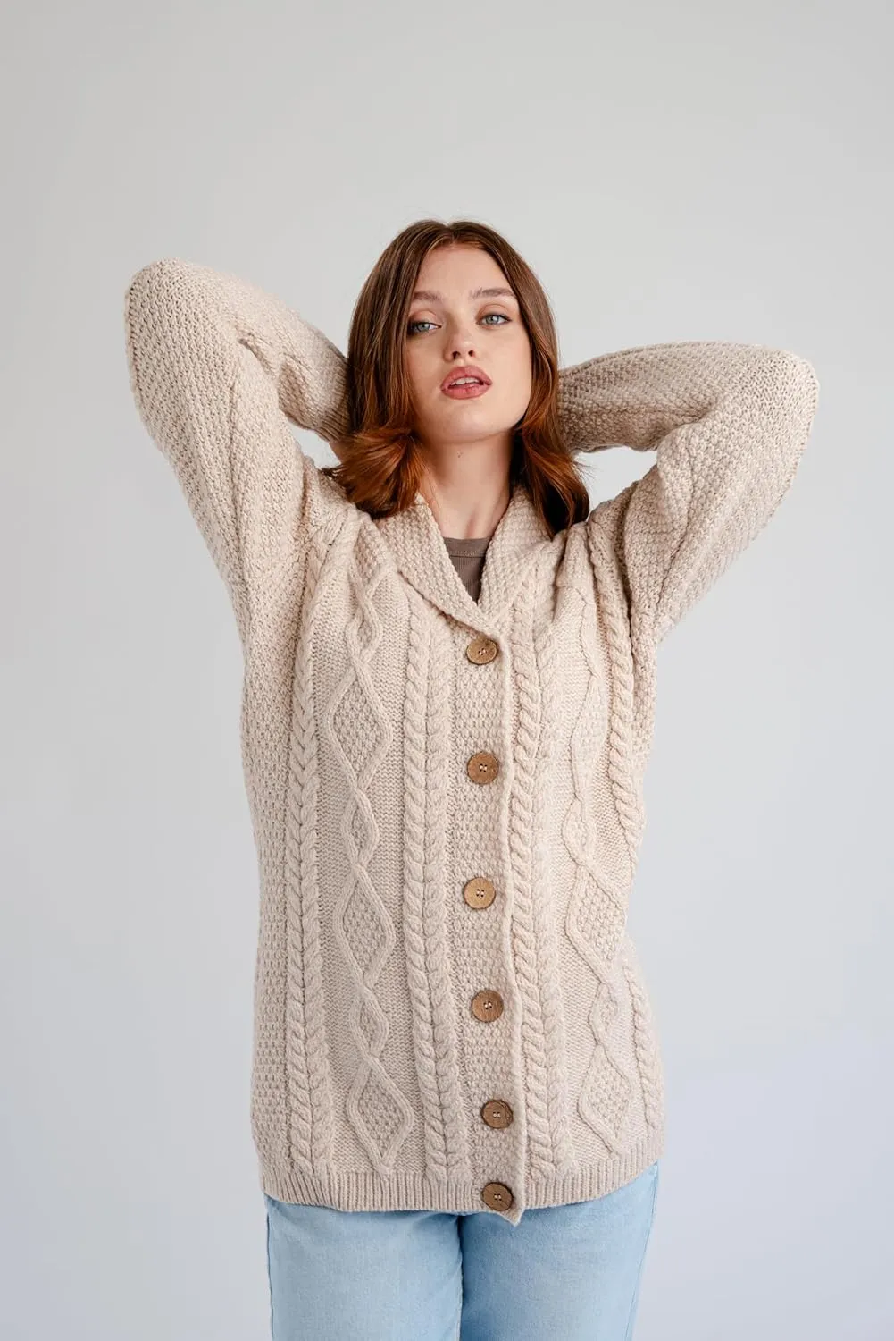 SAOL Shawl Neck Cardigan for Ladies 100% Merino Wool Buttoned V-Neck Sweater Made in Ireland