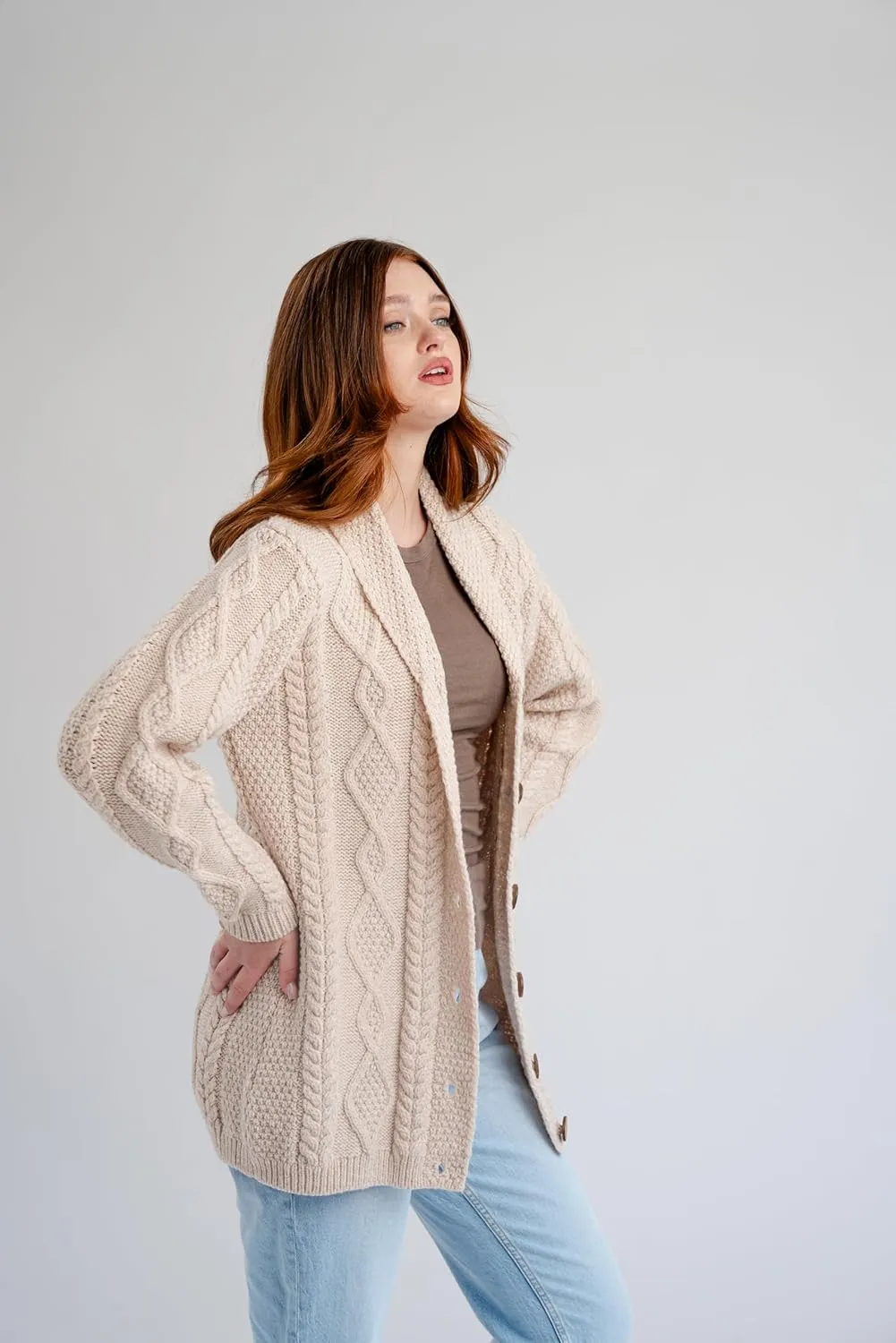 SAOL Shawl Neck Cardigan for Ladies 100% Merino Wool Buttoned V-Neck Sweater Made in Ireland