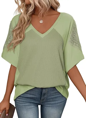 SHEWIN Womens Shirts Waffle Knit Tops Short Sleeve V Neck T Shirts Spring Tops for Women