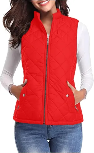 SHOPESSA Quilted Vests for Women Lightweight Stand Collar Down Coat Zip Up Women Padded Gilet with Pockets Thin Puffer Vest
