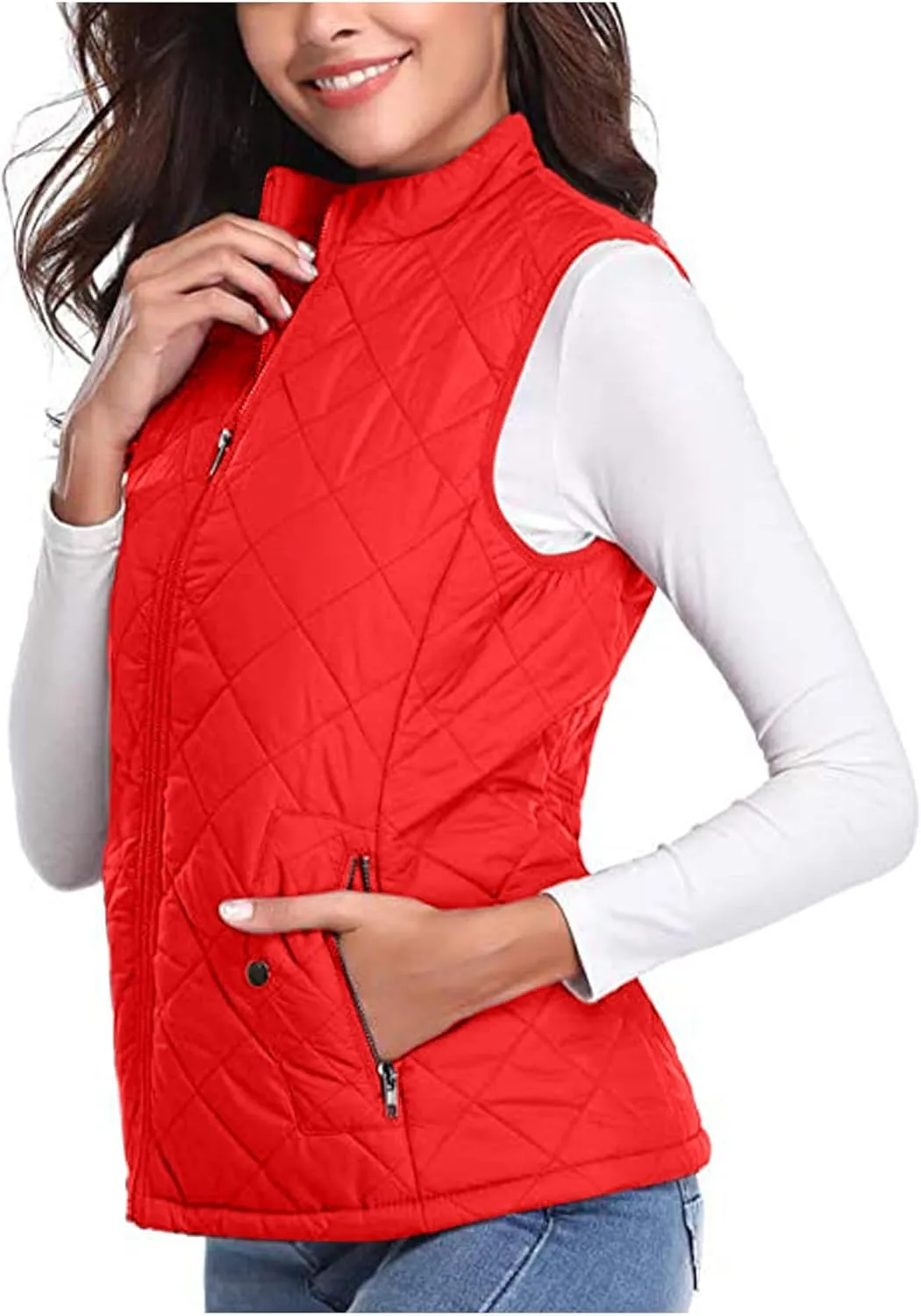SHOPESSA Quilted Vests for Women Lightweight Stand Collar Down Coat Zip Up Women Padded Gilet with Pockets Thin Puffer Vest