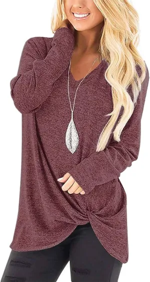 SimpleFun Womens Tops Long Sleeve Shirts V Neck Loose Fit Twist Knotted Fall Tunic Sweaters Blouses