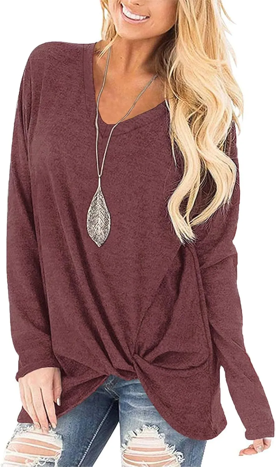 SimpleFun Womens Tops Long Sleeve Shirts V Neck Loose Fit Twist Knotted Fall Tunic Sweaters Blouses