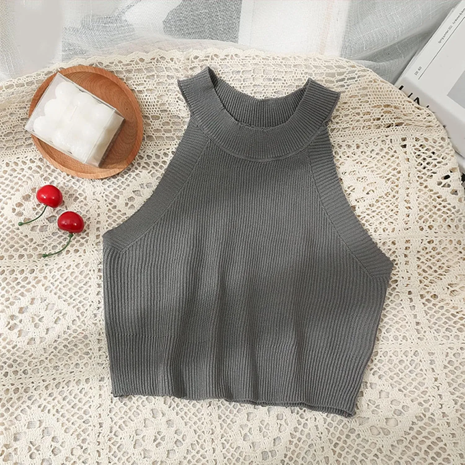 Solid Color Knitted Ice Silk Hanging Neck Style Off The Shoulder Super Short Top Spring And Summer Leather Tube