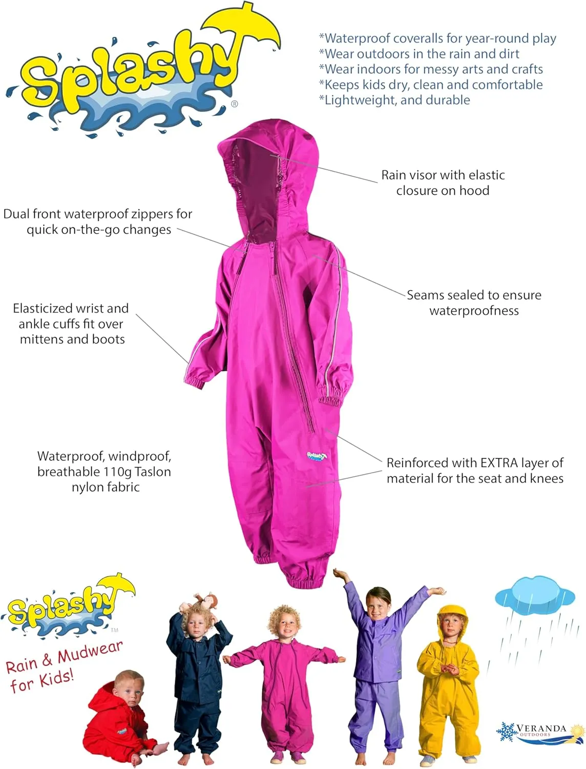 Splashy Waterproof One Piece Rainsuits and MudStopper Coveralls for Kids