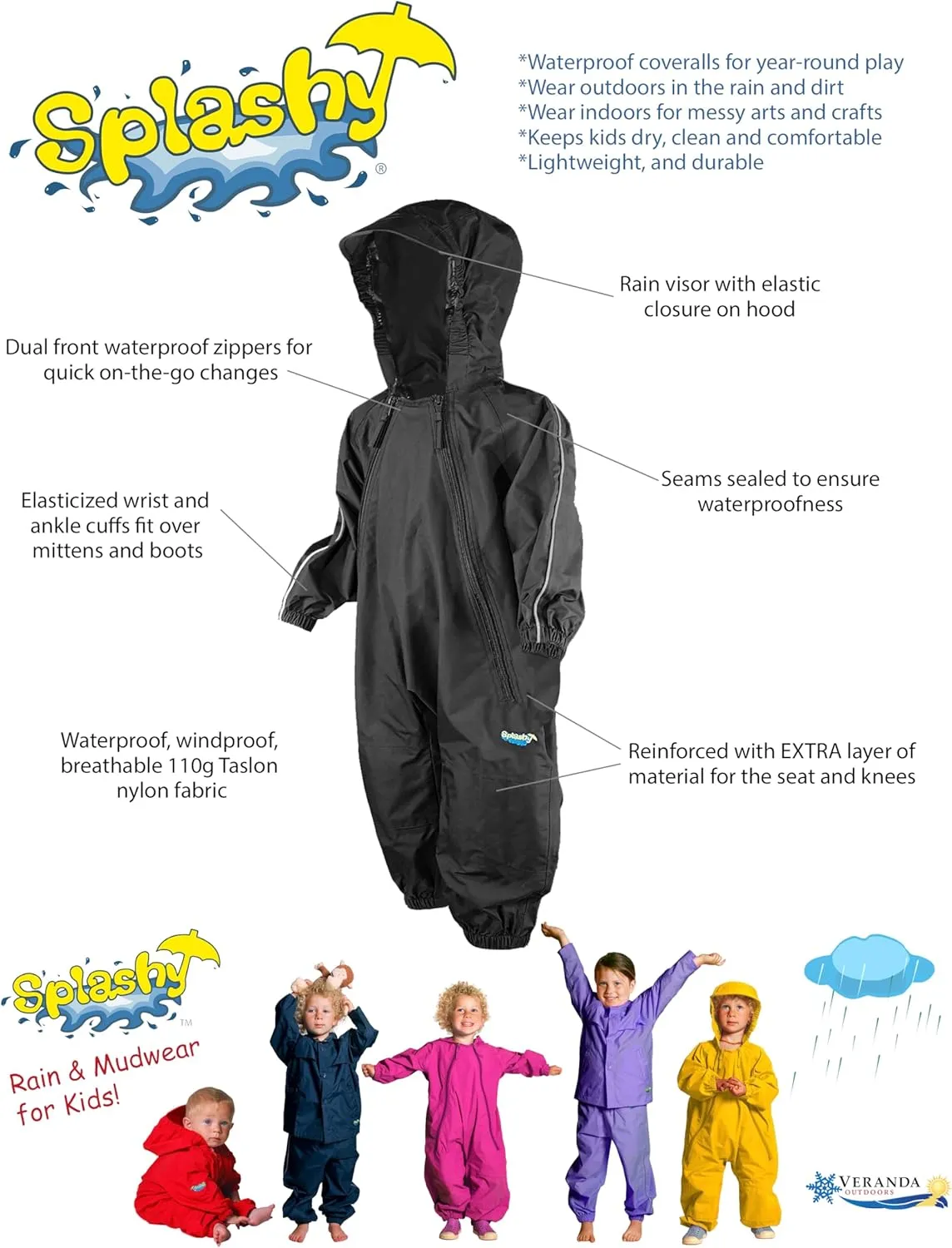Splashy Waterproof One Piece Rainsuits and MudStopper Coveralls for Kids