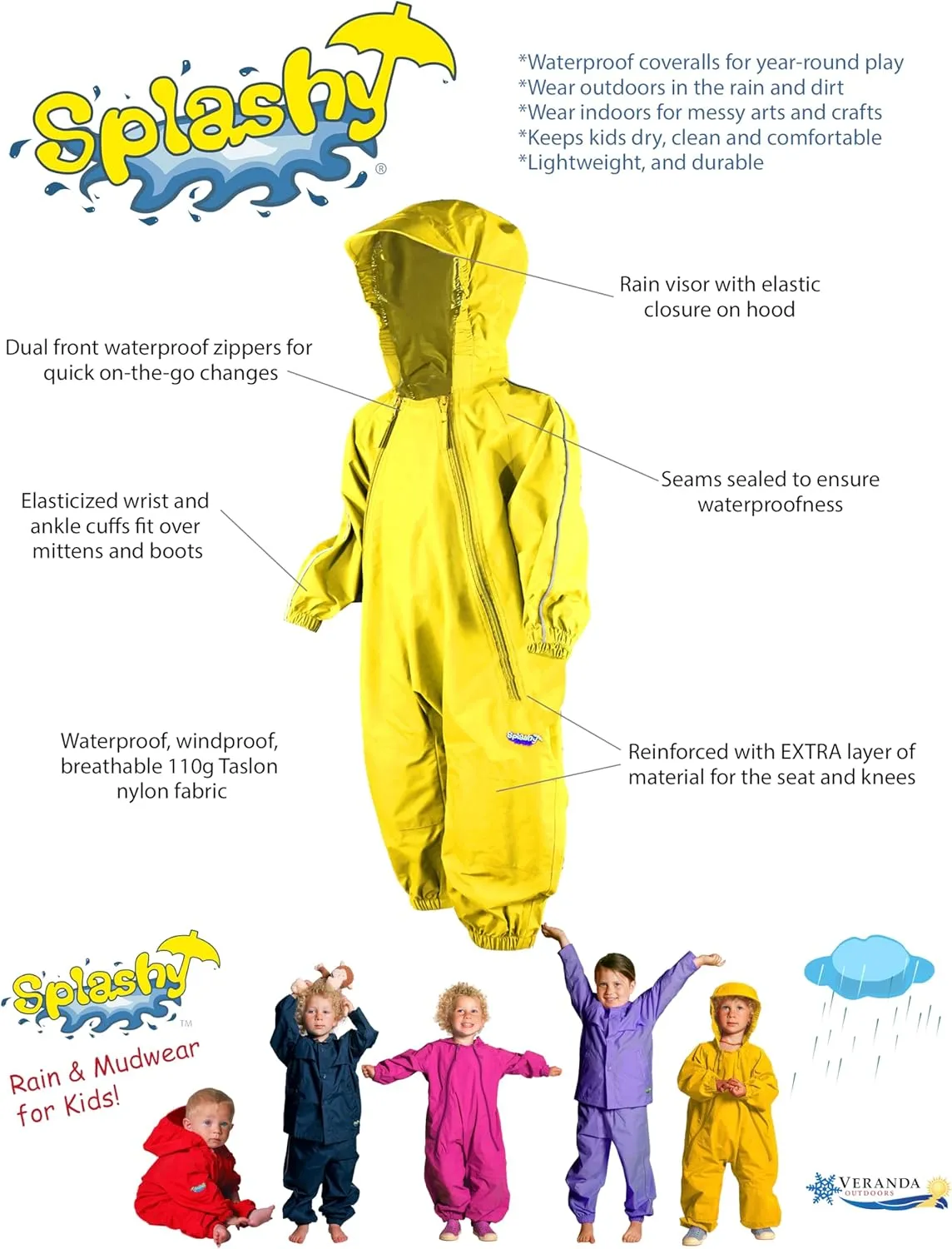 Splashy Waterproof One Piece Rainsuits and MudStopper Coveralls for Kids