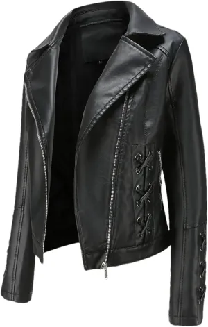 Spring Autumn Women Long Sleeves Faux Leather Jacket Black Red Moto Biker Zipper Jacket Coat