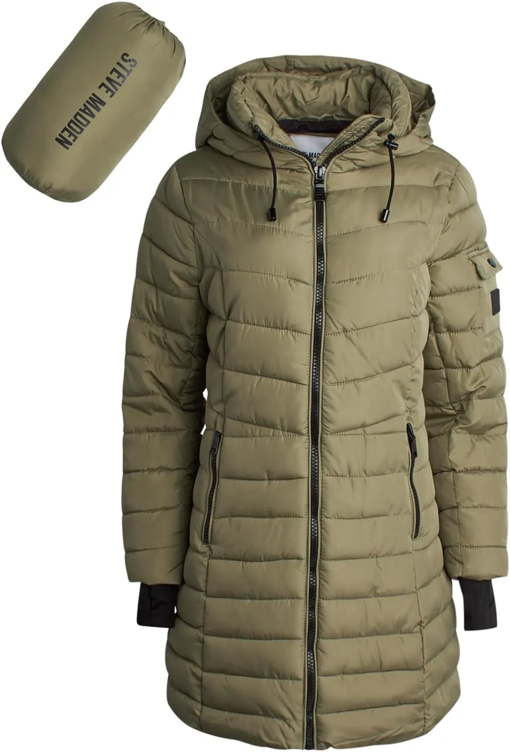 Steve Madden Women's Quilted Puffer Parka Jacket - Long Hooded Winter Outerwear - Packable Winter Coat for Women (Sizes:S-XL)