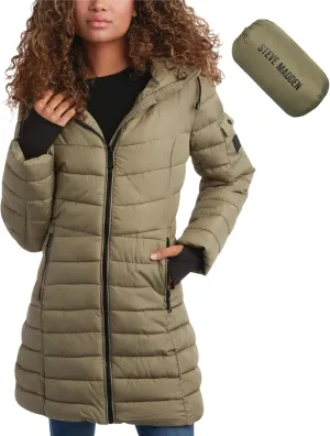 Steve Madden Women's Quilted Puffer Parka Jacket - Long Hooded Winter Outerwear - Packable Winter Coat for Women (Sizes:S-XL)