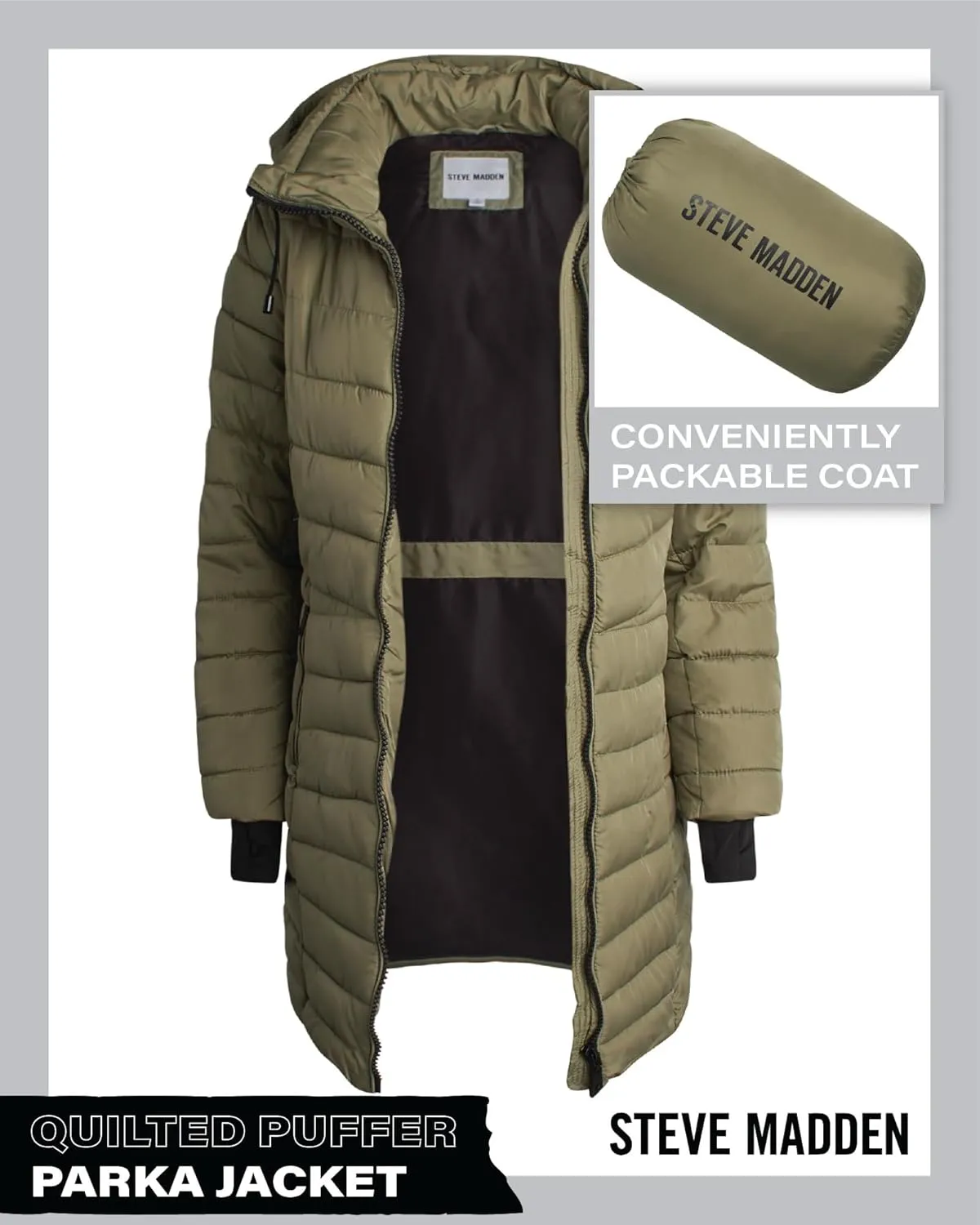 Steve Madden Women's Quilted Puffer Parka Jacket - Long Hooded Winter Outerwear - Packable Winter Coat for Women (Sizes:S-XL)