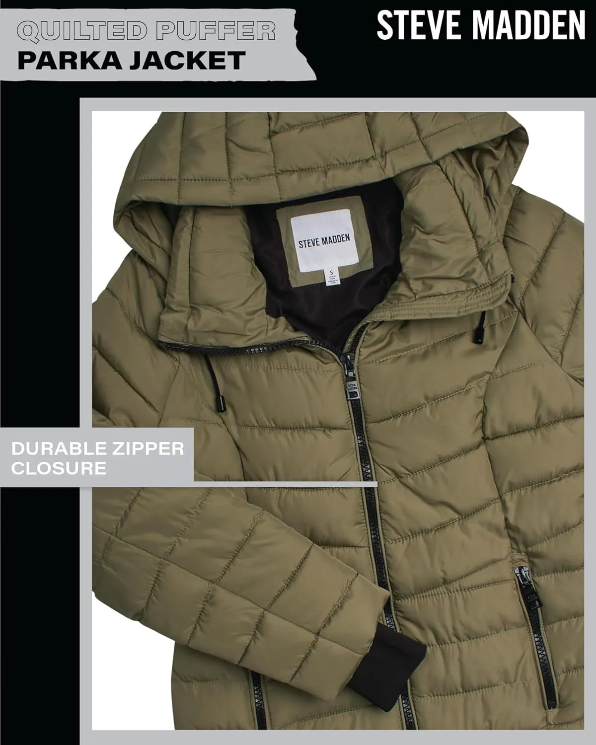 Steve Madden Women's Quilted Puffer Parka Jacket - Long Hooded Winter Outerwear - Packable Winter Coat for Women (Sizes:S-XL)